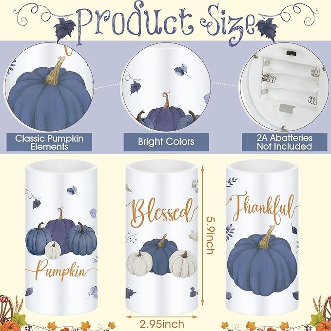 Retisee 3 Pcs Blue Pumpkin Thanksgiving Flameless LED Candles Thankful Blessed Thanksgiving Battery Operated Candles with Remote Blue Pumpkin Decor for Table Centerpiece Bedroom Harvest Decoration