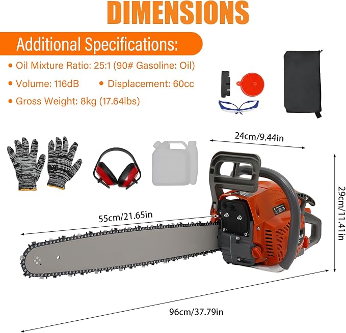 60CC 2-Cycle Gas Powered Chainsaw, 2.8KW Gasoline Chain Saw Cordless, 22Inch Gas Chainsaw Handheld for Wood Cutting and Garden Pruning