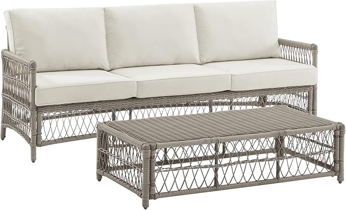 Crosley Furniture Thatcher 2-Piece Outdoor Sofa Patio Furniture Set, Wicker Conversation Sets for Porch, Driftwood with Creme Cushions