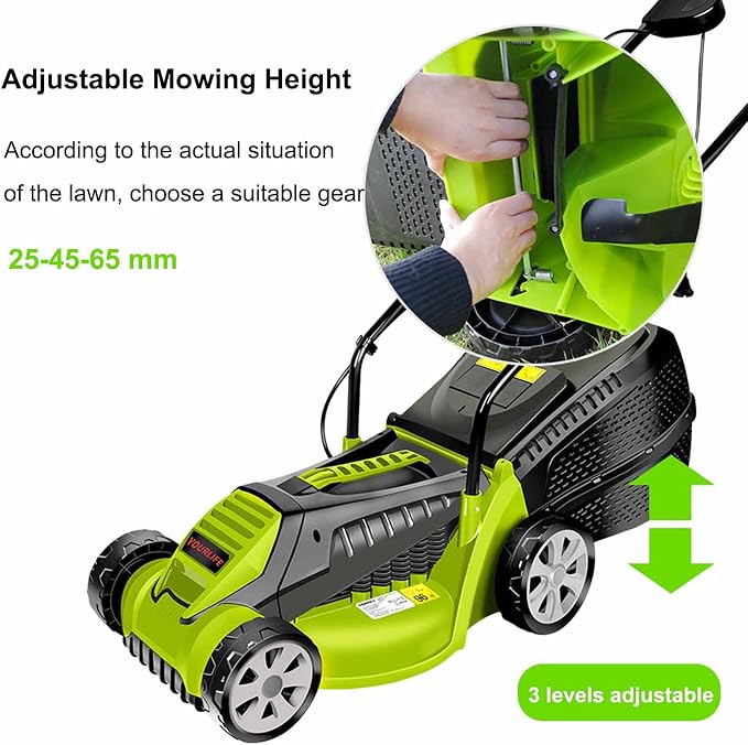 Corded Electric Dethatcher, 13-Inch Push Lawn Sweeper, Strong Rubber Wheels & Adjustable Mowing Height, Lightweight Walk-Behind Lawn Mower Clear, Green