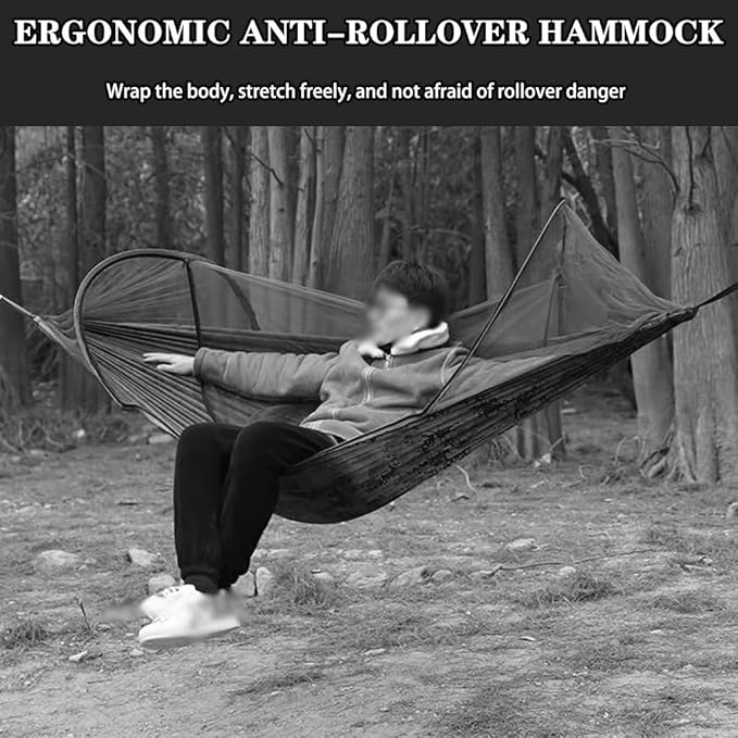 Outdoor Double Hammock with Protective Mesh, Ultra-Light Portable Anti-Rollover Swing, Relax/Sleep, Load Bearing 150kg/330.7lbs(Grey)