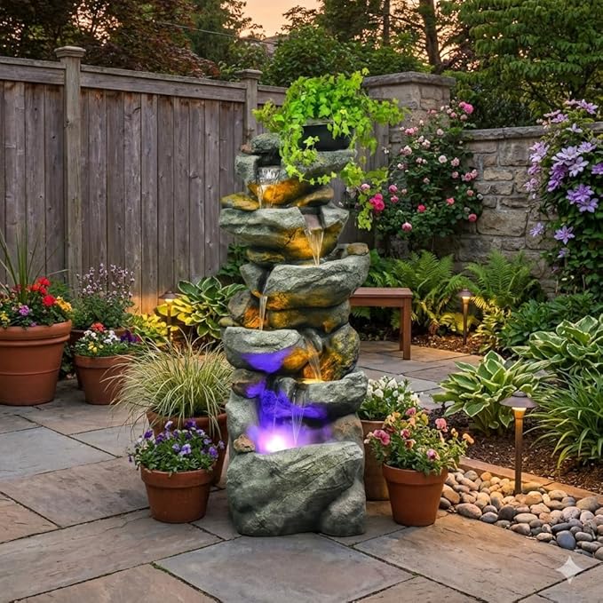 Water Fountain Outdoor,Corded Electric 6-Tier Cascading Rock Waterfall with LED Lights,Garden Fountain with Built-in Pump & Water Circulation,Weather-Resistant Resin for Patio (46.6)