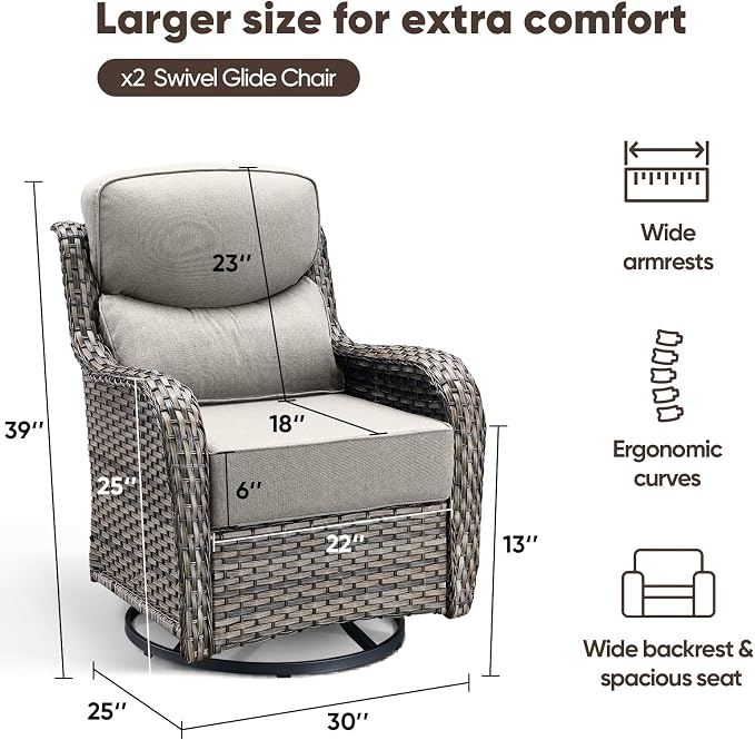 Swivel Patio Chairs Set of 2 with 6" Thick Cushion - Wicker Outdoor Swivel Rocker Patio Sets, High Back Comfortable Outdoor Glider Chairs 360° Rotation Glider Gray Wicker - Beige Cushion