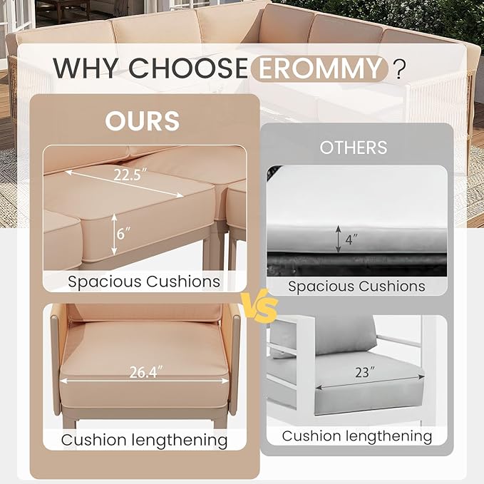EROMMY 6 Pieces Patio Sectional Furniture Set, Metal Frame Outdoor Conversation Set with 6" Thick Cushions & Coffee Table, All-Weather Sectional Sofa for Poolside, Deck, Backyard, Beige