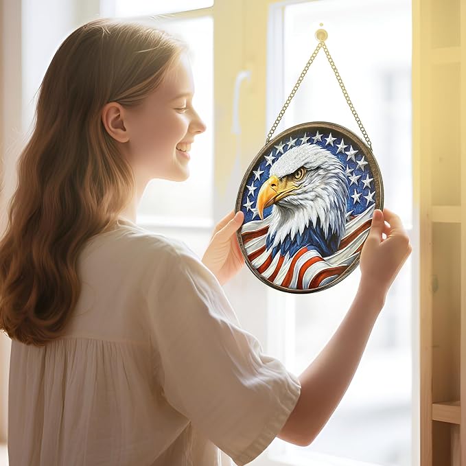 Stained Glass Window Hanging, Stained Glass Suncatcher, 8" American Eagle Sun Catchers Indoor Window Ornament, Gifts for Patriotic, Independence Day Decorations | Gifts for Women, Men, Dad, Father