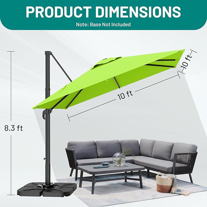 AreShark 10 × 10FT Square Cantilever Patio Umbrella with Base Included, 360° Rotation Offset Outdoor Umbrella, 5 Tilt Settings Heavy Duty Hanging Parasol for Deck Garden Pool, Apple Green