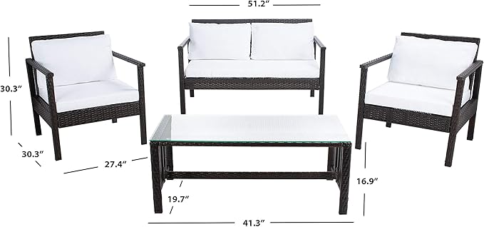 Safavieh Outdoor Collection Garnen Wicker Cushion 4-Piece Living Set PAT7714C, Brown/White