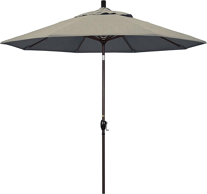California Umbrella 9' Round Aluminum Market Umbrella, Crank Lift, Push Button Tilt, Bronze Pole