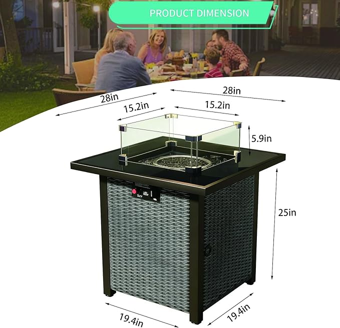 28" Square Fire Pit Table, Outdoor Propane Gas Firepit with Lid & Glass Wind Guard, 50,000 BTU, CSA Listed, Black Wicker Rattan for Patio, Garden, Backyard, Deck