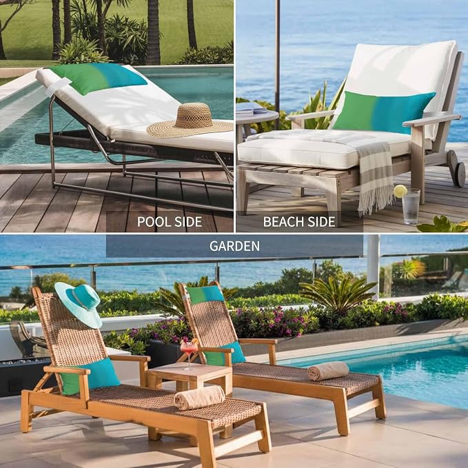 Color Ombre Striped Chaise Lounge Head Pillow, Minimalist Green Teal Blue Gradient Modern Water&Stain Proof Outdoor Chair Pillow with Strap&Insert for Garden Beach Pool Recliner, 12"x20", 1 PC