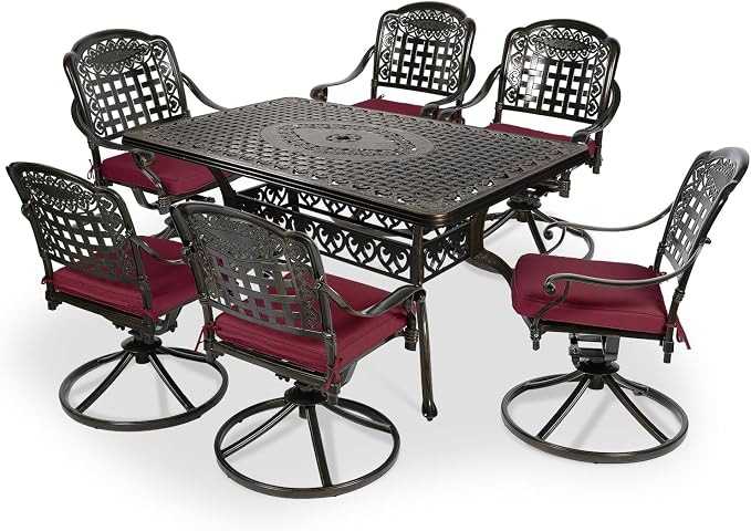 VIVIJASON 7-Piece Outdoor Furniture Dining Set, All-Weather Cast Aluminum Patio Conversation Set, Include 6 Swivel Dining Chairs and a Rectangle Table with Umbrella Hole, Red Cushion