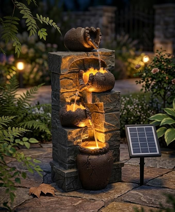 Solar Powered Water Fountain for Outdoor Garden，The Cascading Stones and Broken Earthenware Create Waterfall Landscape Design, Providing a Great Resting Place for Birds,27.2'' Tall