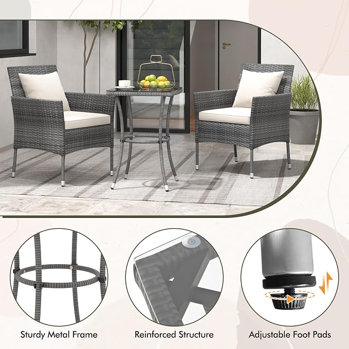 DORTALA Wicker Patio Furniture Set 3 Piece, Small Outdoor Table & Chairs with Tempered Glass Tabletop, Cushions, Rattan Conversation Bistro Set for Balcony, Porch, Backyard, Deck, Mix Gray+Off White