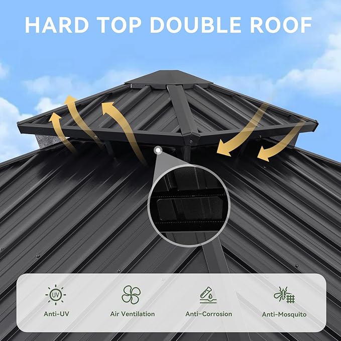 Aoxun 10’x10’ Hardtop Gazebo, Permanent Metal Pavilion with Galvanized Steel Double Roof, Outdoor Pregola for Lawn, Garden, Patio (Black)