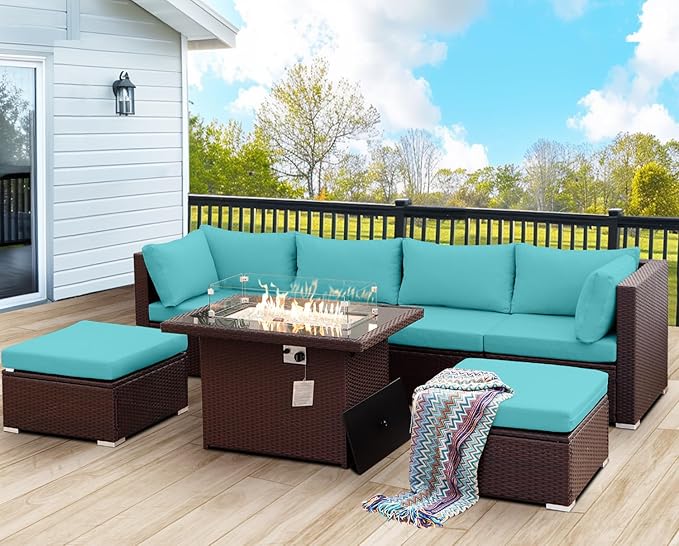 NICESOUL 7 Piece Patio Furniture Set with Natural Gas/Propane Firepit, 29.3'' High Back Comfy Outdoor Conversation Sofa Sets, Deep Seat Sectional Couch for Heavy Weight, Brown Rattan and Teal Cushion