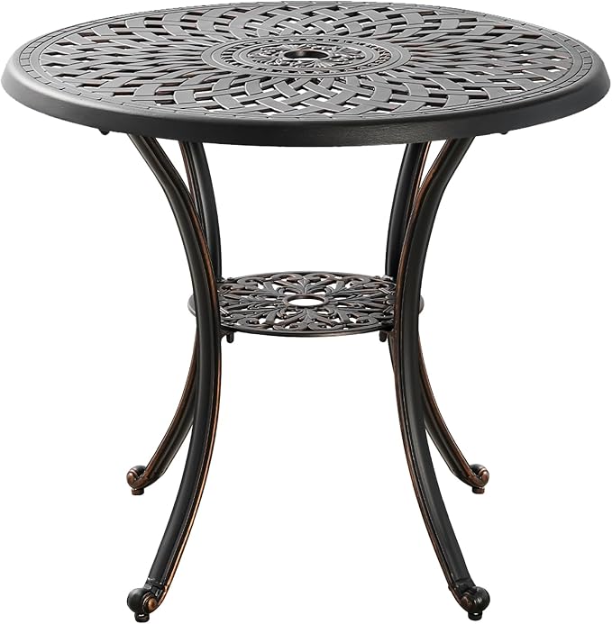 Outdoor Table Patio Table with Umbrella Hole, Round Bistro Table for Lawn Garden, All Weather Metal Black Patio Dining Desk (31.5“, Round)