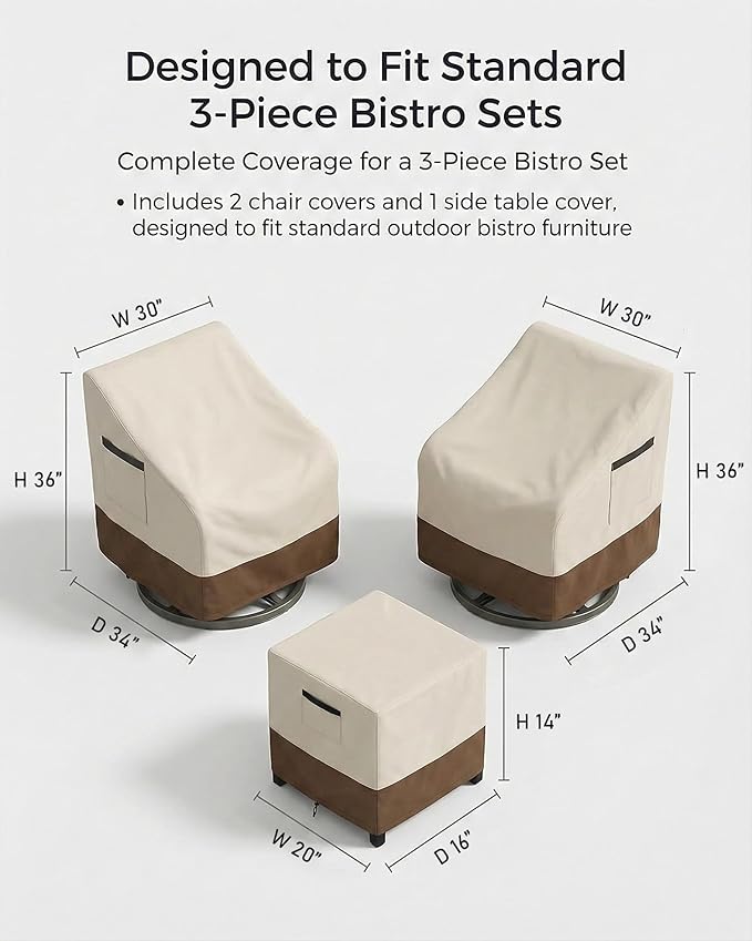 3-Piece Patio Bistro Furniture Cover Set, Heavy-Duty 600D Waterproof Outdoor Furniture Covers, UV Resistant, Designed for Everyday Outdoor Use on Patio, Deck & Backyard, Beige and Brown