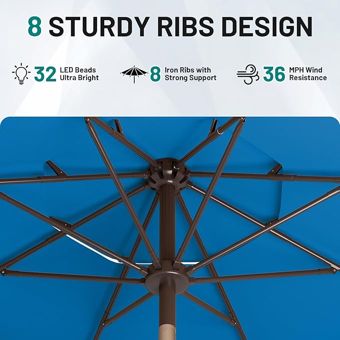 AreShark 9ft 3 Tiers Patio Umbrella with Solar Lights, Outdoor Umbrella w/ 32 LED Lights&8 Sturdy Ribs, Table Umbrella for Deck, Backyard, Pool (Royal Blue)
