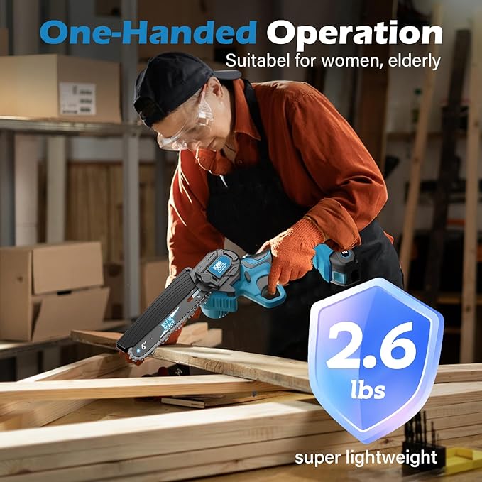 6 Inch Mini Chainsaw Cordless, Portable Electric Chainsaw, for Wood Cutting, Tree Trimming, Courtyard, Household, and Garden Blue