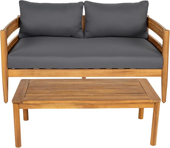 Christopher Knight Home 5-Piece Outdoor Patio Furniture Set, Acacia Wood Conversation Set with 3 Seater Sofa Loveseat Coffee Table and 2 Single Cushions Chairs, Slatted Backyard Seating Set, Dark Gray