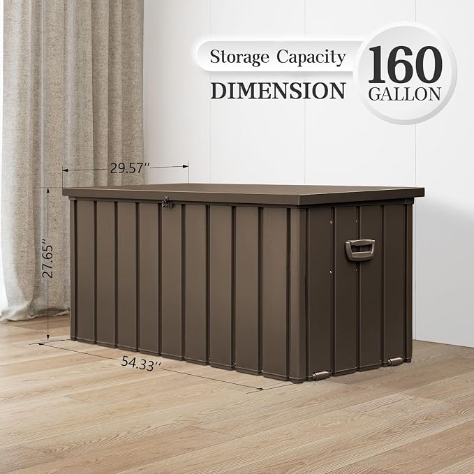 Domi 160Gallon Deck Box, Metal Outdoor Storage Box with Lock Wheels, Waterproof Outside Storage Box for Patio Cushions