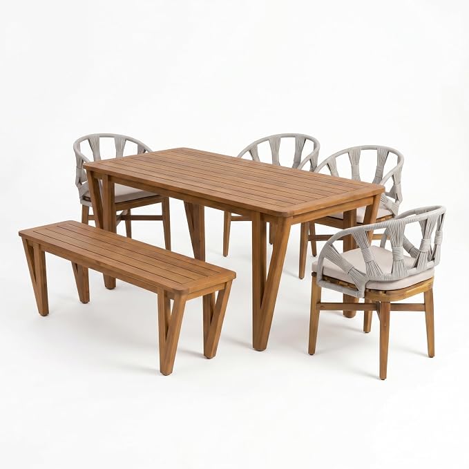 Christopher Knight Home para Acacia Wood Patio Dining Set with Bench, Solid Wood Outdoor Dining Table Set for 6, Outdoor Dining Set with Water-Resistant Cushion, Teak+Beige+Grey
