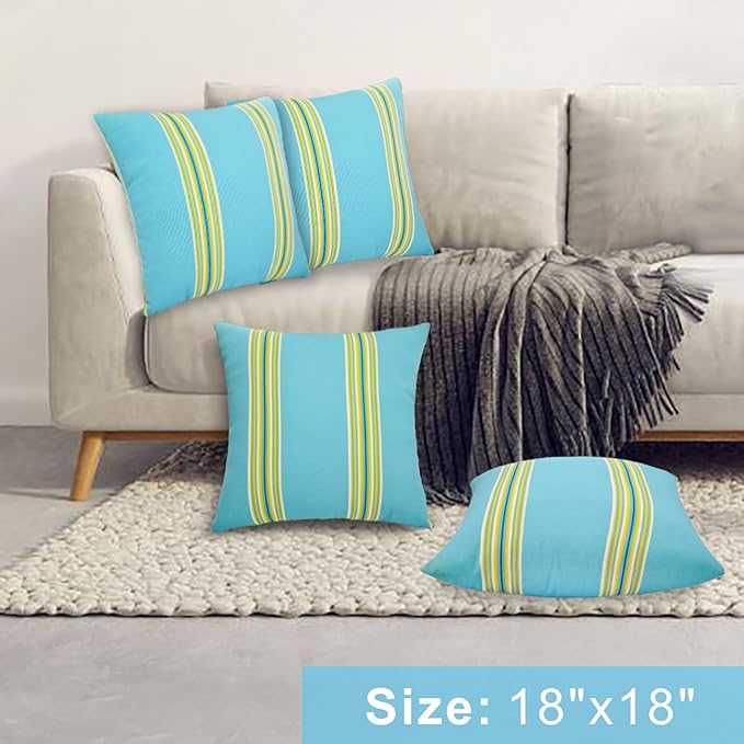 JMGBird Outdoor Pillows Set of 2 with Inserts - 18x18 Weather-Resistant Throw Pillows for Patio Furniture, Sky Blue Multi-Striped Decorative Cushions