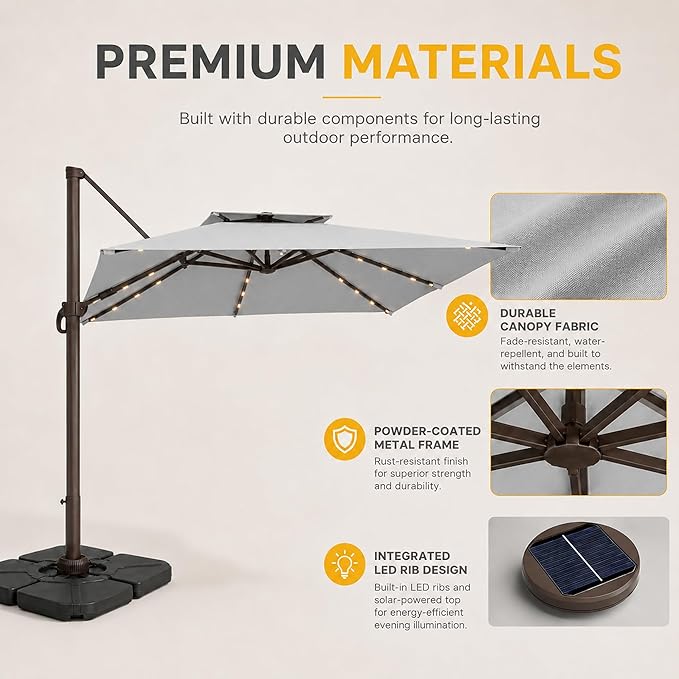10FT Cantilever Patio Umbrella with Solar Lights, Large Outdoor 2 Tier Aluminum Offset Square Umbrellas 360 Degree Rotation for Garden Deck Pool