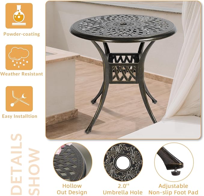 3-Piece Outdoor Patio Dining Set, All-Weather Cast Aluminum Patio Furniture Set for Backyard Garden Deck with 2 Swivel Cushioned Chairs and 31” Round Table, 2" Umbrella Hole, Khaki