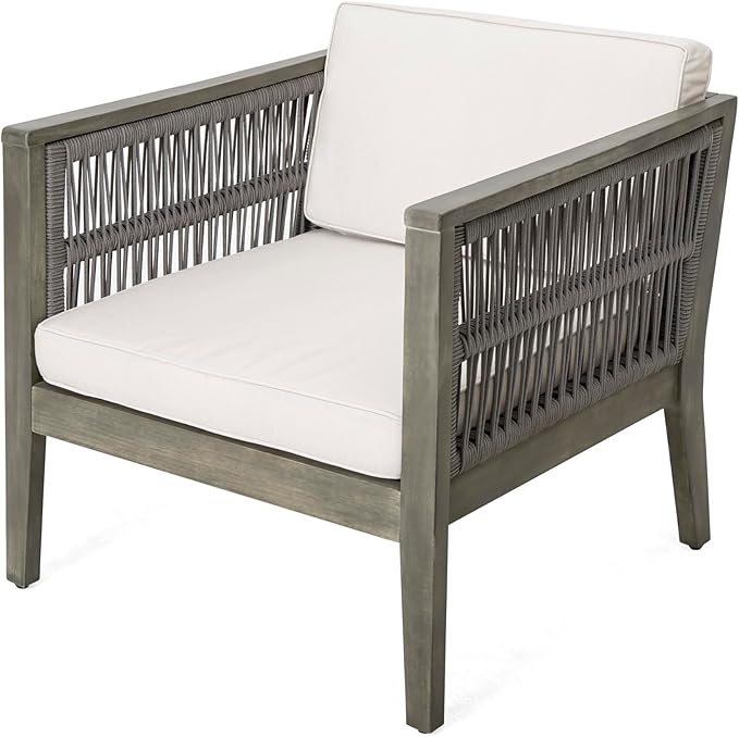 Christopher Knight Home Outdoor Acacia Wood Patio Set, 4-Pieces Patio Conversation Set, Outdoor Furniture with Coffee Table, Patio Deep Seating with Cushion, Porch Chairs for Garden, Grey+Beige