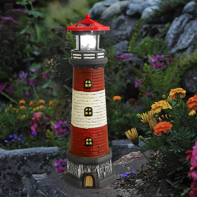 Solar Rotating Lighthouse Outdoor Lantern Garden Decor Resin Street Light - Red