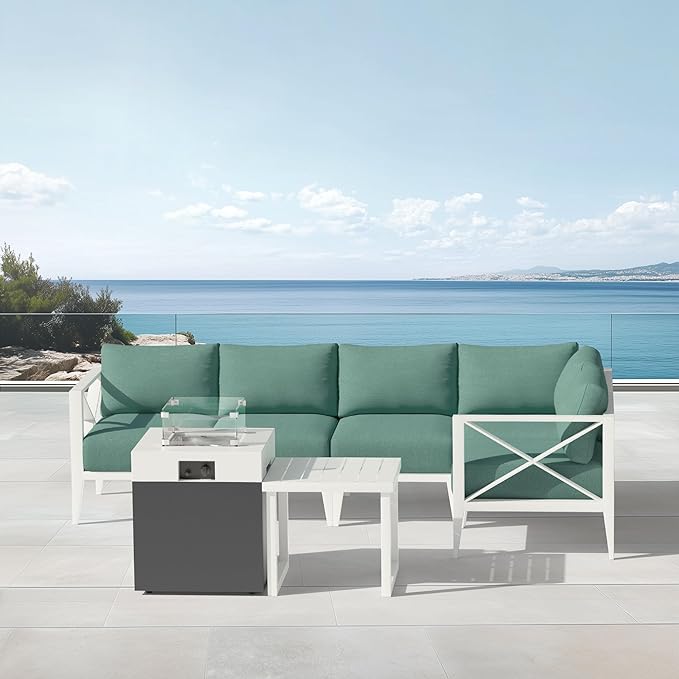 MBY 5-Seat Aluminum Patio Conversation Set with Corner Sofa & 37,000 BTU Fire Pit Table, All-Weather Outdoor Sectional Furniture with Glass Wind Guard – White for Balcony, Backyard, Garden