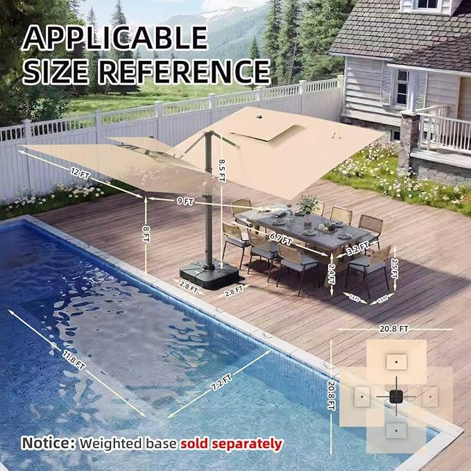 9 X 12 FT Cantilever Outdoor Patio Umbrella with Led Lights Heavy Duty Windproof Double Top Large Rectangle Offset Umbrellas with 360-degree Rotation for Garden Pool Deck Backyard, Beige