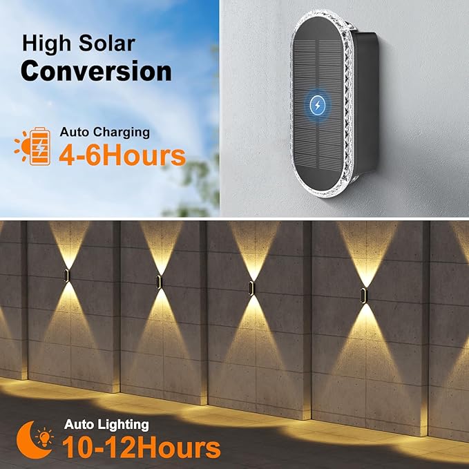 Ellasay Fence Lights Solar Powered: 2 Pack Solar Wall Lights Outdoor Up and Down IP67 Waterproof - 3 Colors Modes Brighter LED Lens Solar Lights Dusk to Dawn 12h for Backyard/Porch/Railing/Balcony