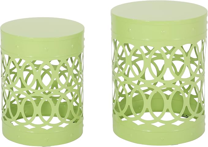 Set of 2 Lime Green Metal Outdoor Side Tables, Round Patio End Tables, Weather Resistant Accent Stools, Geometric Cutout Design, Indoor & Outdoor Decorative Tables for Garden, Balcony, Living Room