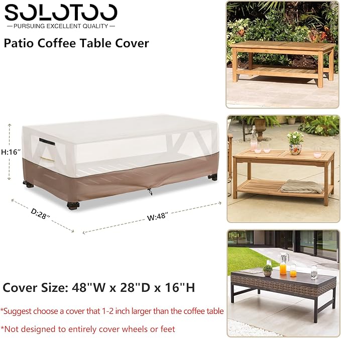 Outdoor Coffee Table Cover Waterproof, Heavy Duty Patio Rectangular Side Table Covers, 48W x 28D x 16H Inches Outdoor Tables Cover (Beige)