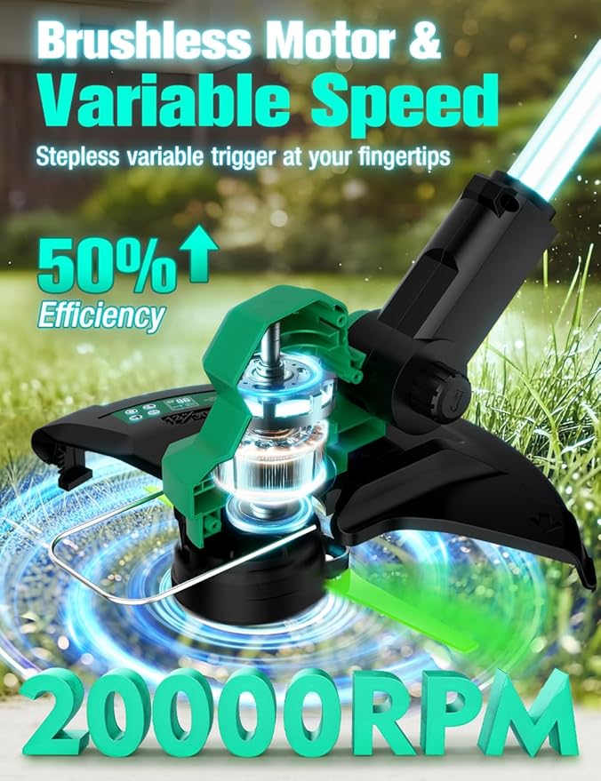KIMO Cordless Weed Wacker Battery Operated w/ 2 x 2.0Ah Batteries, 12" Weed Eater w/Auto Line Feed, 4 Line Spools & 6 Blades, 2-in-1 String Trimmer & Edger with Wheel, 20V Grass Trimmer for Lawn Yard