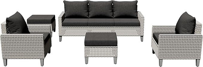 7 Pieces Patio Furniture Set with Ottomans, Modern Outdoor Sectional Sofa with Comfy Cushions, Modular Wicker Rattan Patio Conversation Set for Garden Poolside Deck, Black