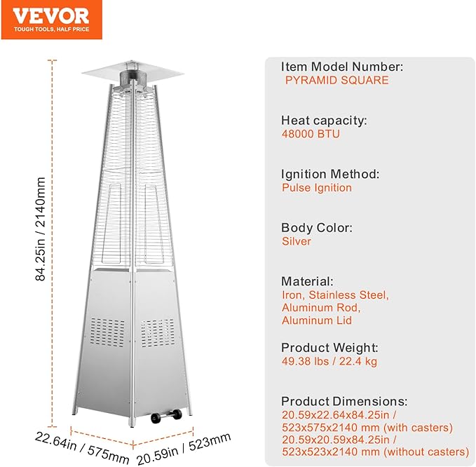VEVOR Patio Heater for Outdoor Use, 48000BTU Pyramid Propane Heater w/Wheels, Quartz Glass Tube Outdoor Patio Flame Heater for Patio, Party, Backyard, Garden, Decoration, Silver