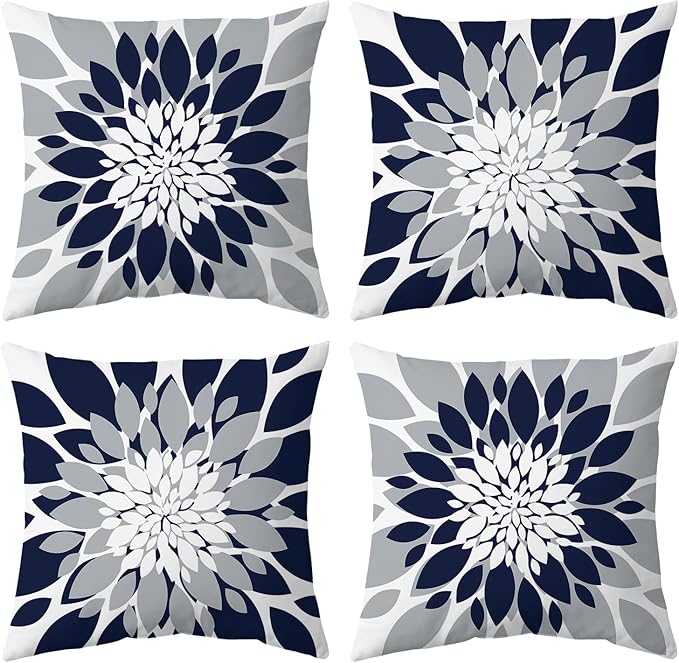 Qahing Pack of 4 Outdoor Waterproof Pillow Covers 18x18 Decorative Outdoor Throw Pillows Garden Square Cushion Cases for Patio Furniture, Couch, Tent Sunbrella, Bench, Navy Blue Grey