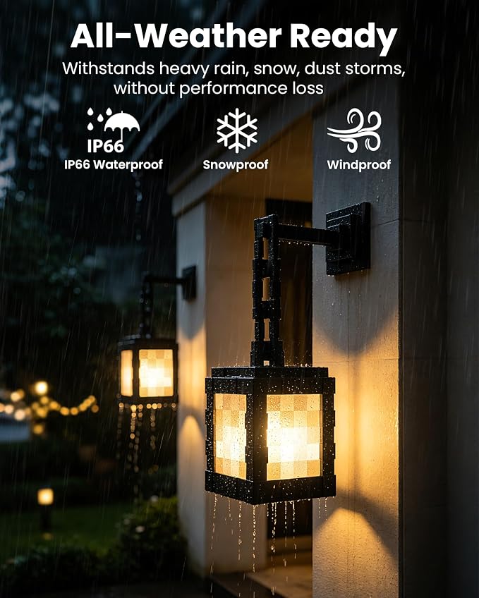 Pixelated Solar Lanterns Outdoor Waterproof, USB-C & Solar Hanging Light | 17-Color RGB Table Lamp with Remote & Timer, Decor for Patio Yard Garden Porch & Winter Camping, Gift for Gamers, 2 Pack