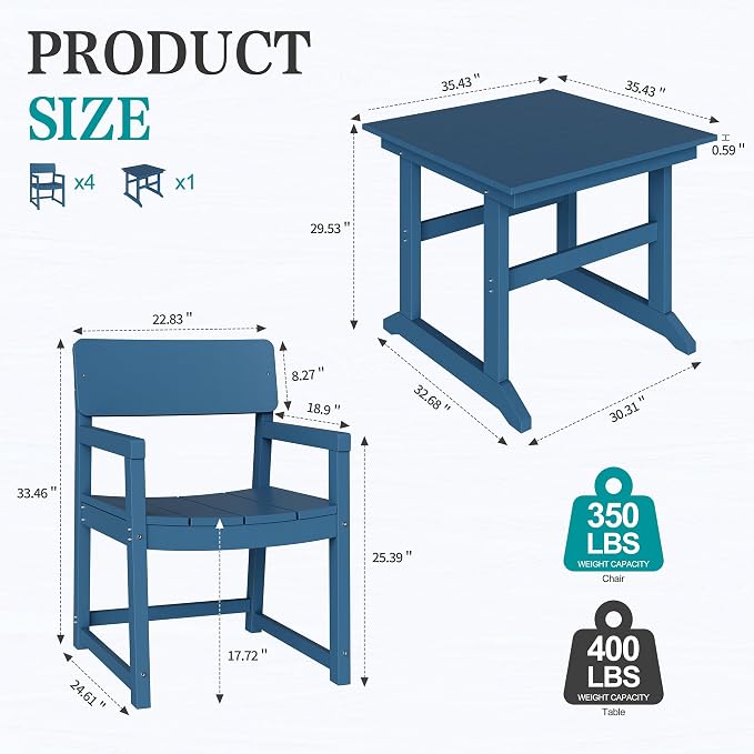 Vongrasig 5 Pieces Patio Dining Set, All Weather Outdoor HDPE Dining Furniture Set with Table and Chairs for 4, Garden Patio Furniture Set for Lawn, Backyard, Poolside, Blue