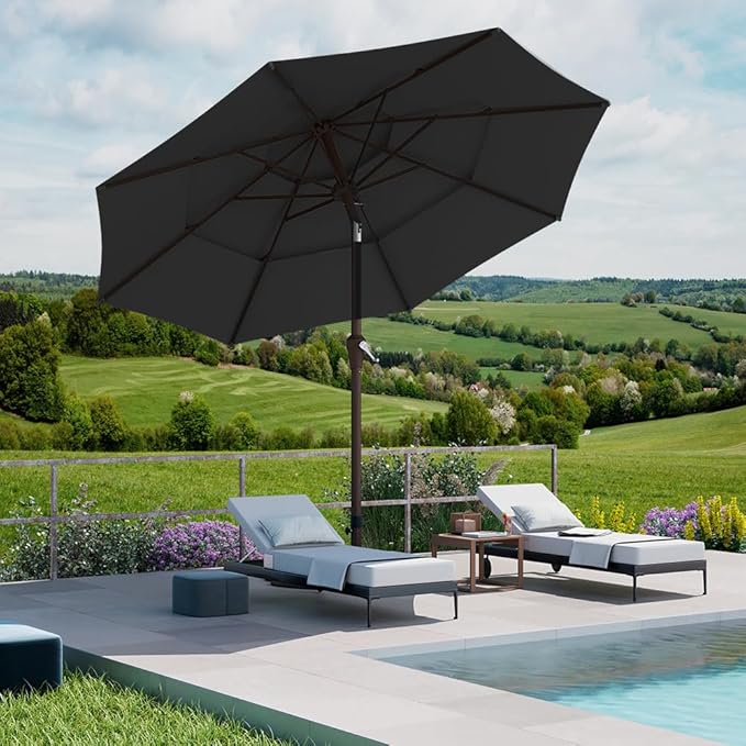 PatioKingdom 9ft 3-Tier Patio Market Umbrella with Crank/Tilt, Commercial Heavy Duty Wind Proof,Outdoor Table Umbrella with 8 Fiberglass Ribs,UPF50+ for Deck,Pool,Garden,Backyard (Black)
