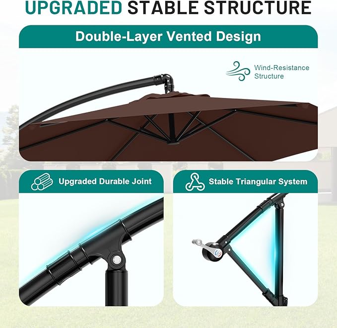 AreShark 10FT Patio Outdoor Umbrella, Offset Patio Umbrella Cantilever Umbrella, 6 Sturdy Ribs, Easy Adjustment for Garden Market Pool with Cross Base (Brown)