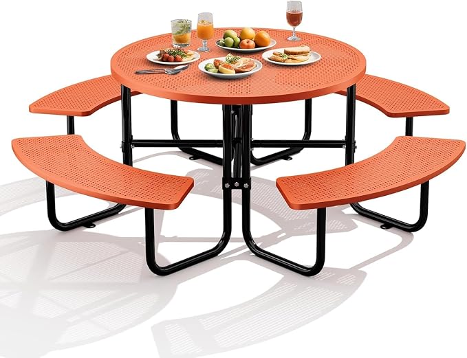 46" Coated Round Metal Picnic Table for 4-8 Person, Durable Heavy Duty Commercial Picnic Table with Umbrella Hole for Outdoor Coffee Shop, School, Easy to Install, Orange