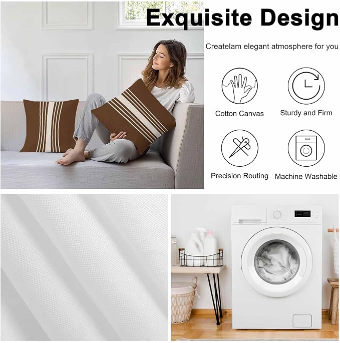 Vandarllin Outdoor Throw Pillows Covers 18x18 inch Set of 2 Waterproof Brown Vertical Stripes Decorative Zippered Cushion Covers for Patio Furniture, Classic Striped Linen Lumbar Pillowcases