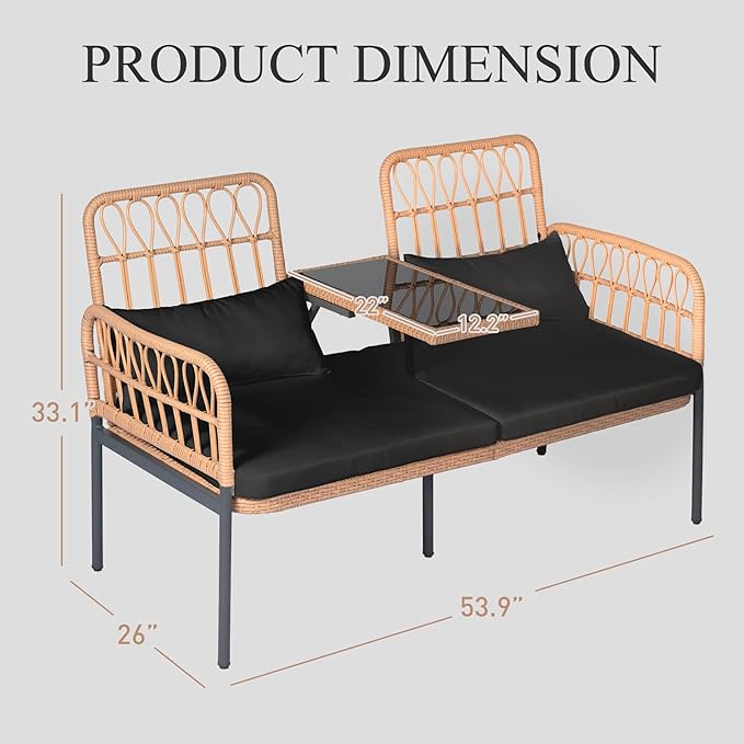 PROHIKER Patio Furniture Outdoor Rattan Loveseat 2-Seat with Built-in Table, Lumbar Pillows and Cushions, All-Weather Wicker Loveseat Porch Chairs for Balcony, Lawn, Backyard