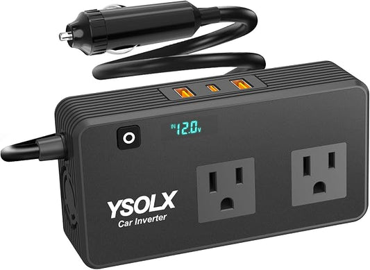 YSOLX 300W Car Inverter Power Outlet Dual AC Car Plug Adapter Outlet | For camping & road trips, 24W USB C/A charge for devices, LED shows real-time voltage & battery status