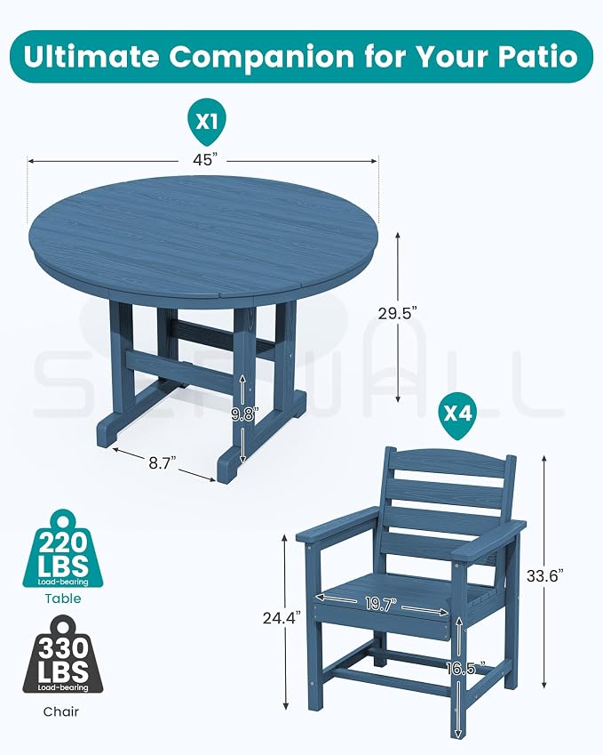 SERWALL 5-Piece Patio Dining Sets, HDPE Outdoor Table and Chairs Furniture Set, 45" Round Dining Table and 4 Dining Chairs, Navy