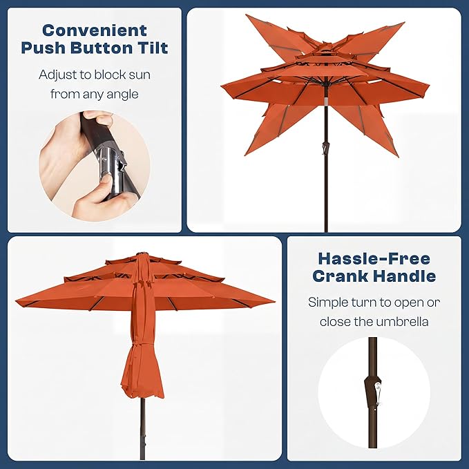 10ft 3 Tier Patio Umbrella, Outdoor Market Table Umbrella with UPF 50+ Vented Canopy, 8 Sturdy Ribs, Easy Push Button Tilt and Crank, Windproof for Deck, Pool, Backyard and Garden